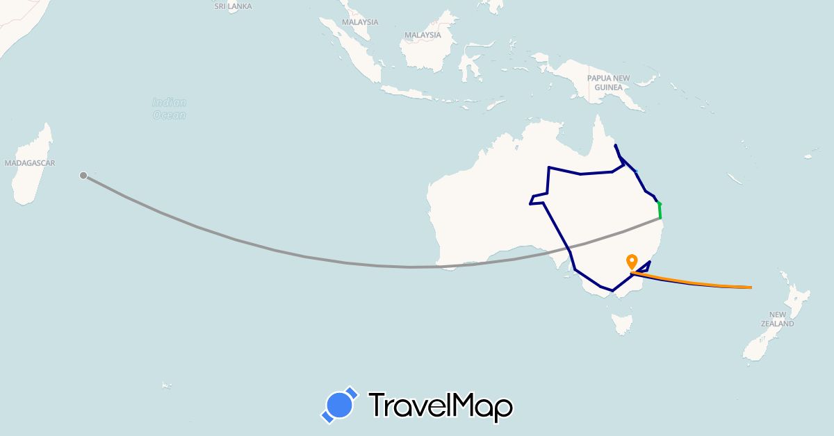TravelMap itinerary: driving, bus, plane, boat, hitchhiking in Australia, Réunion (Africa, Oceania)